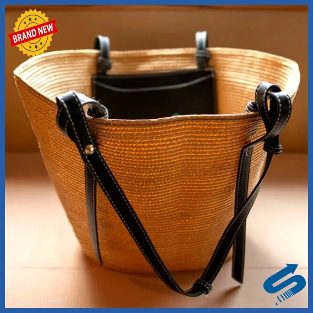 Straw Woven Tote Handbag Vegan Leather Straps Boho Beach Large Purse